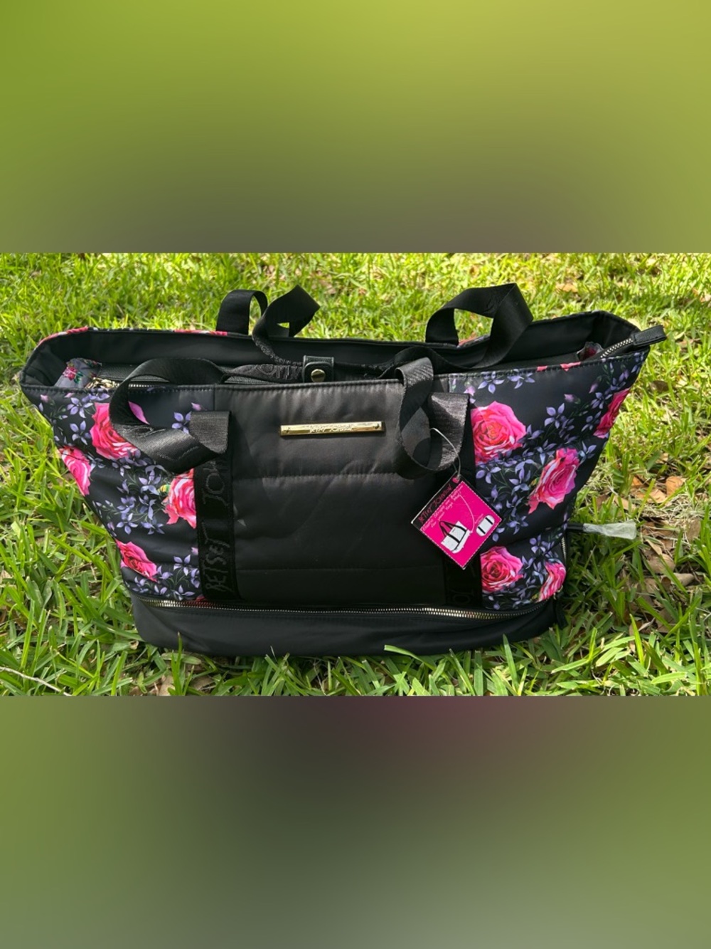 Betsey Johnson Black Floral Large Travel Tote with Botton Zip Compartment NWT